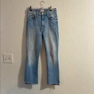 MOTHER Light Blue Ankle Cropped Jeans with Faded Distressed Look